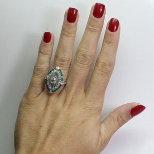STERLING EMERALD DIAMOND RING